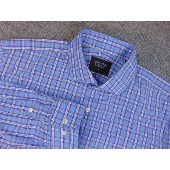 NordStrom Shirt Mens 15.5x32/33 Trm Fit‎ Blue White Plaid - Picture 1 of 8